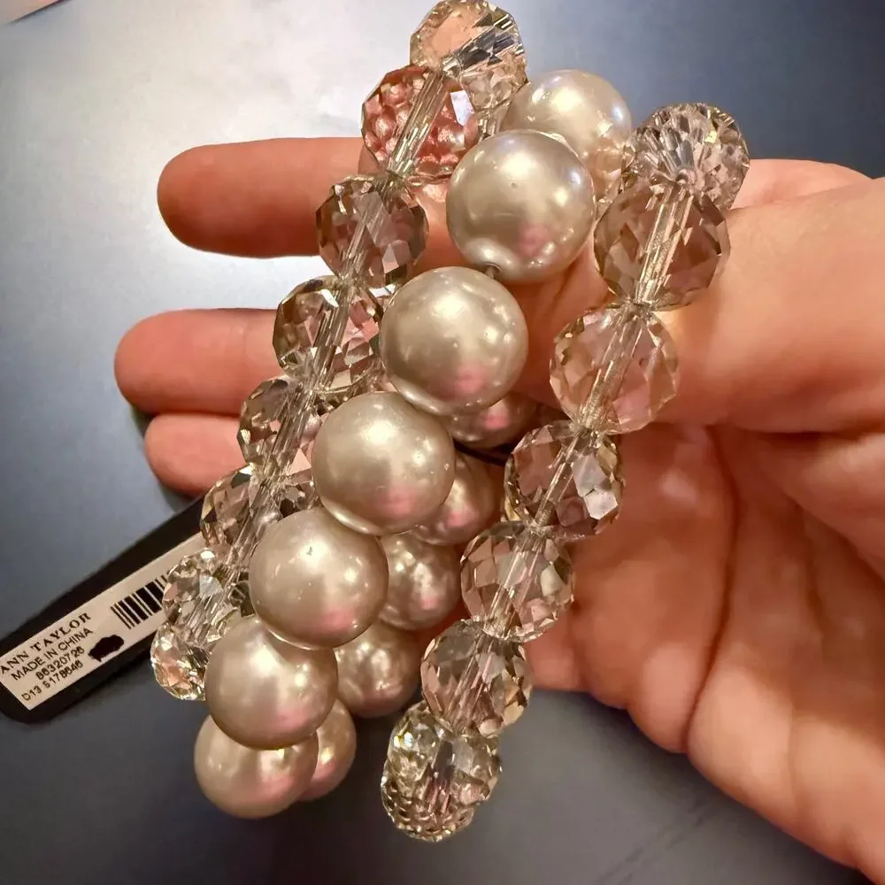 Ann Taylor Trio Faceted Crystal Faux Pearl Stretch Bracelets